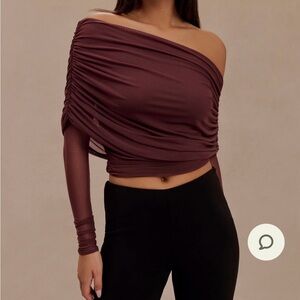Meshki Everly Sheer Mesh Off Shoulder Top - Mahogany